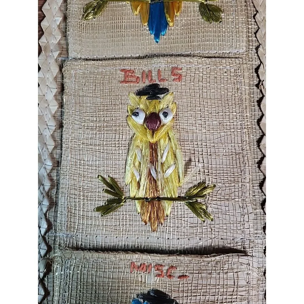 Vtg‎ MCM Owl Straw Woven Mail Organizer Letter Bills Boho Wall Hanging Hippie